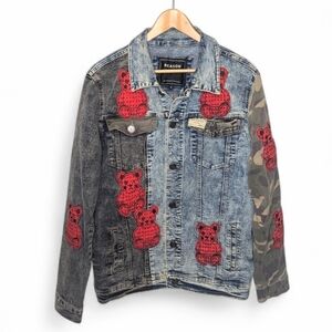 Reason Denim Jacket Scare Bear Blue Black Gray Camo Red Bear Patch Size M